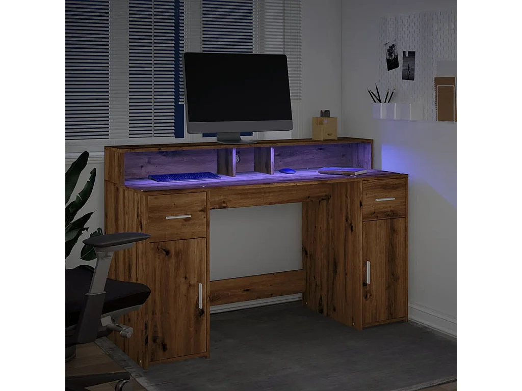 Bureau avec lumières LED chêne artisanal bois d'ingénierie