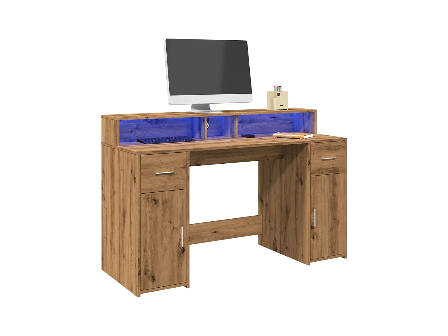 Bureau avec lumières LED chêne artisanal bois d'ingénierie