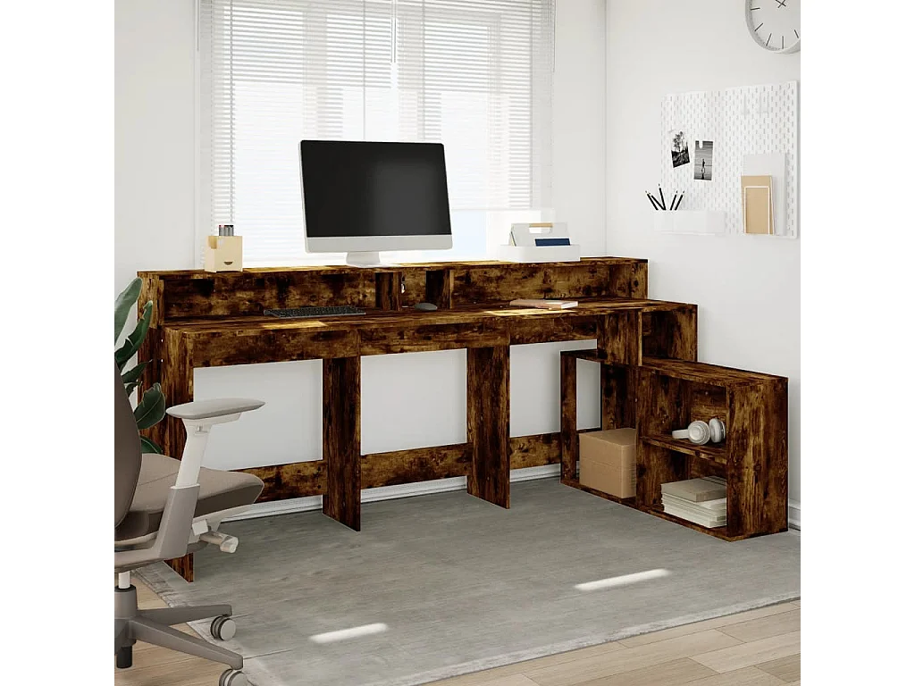 Bureau et lumières LED chêne fumé 200x104x91cm bois ingénierie