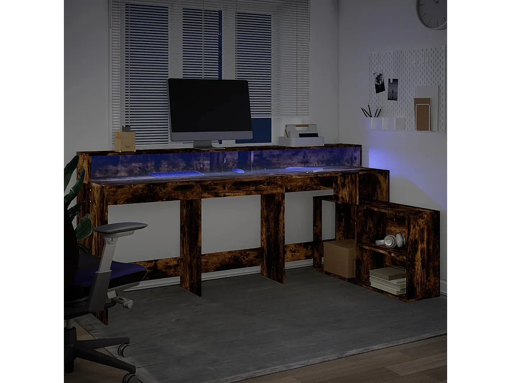 Bureau et lumières LED chêne fumé 200x104x91cm bois ingénierie