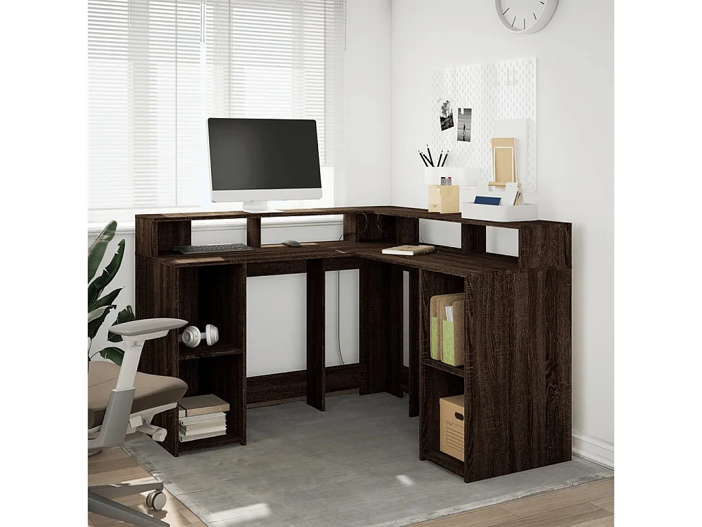 Bureau et lumières LED chêne marron bois d'ingénierie