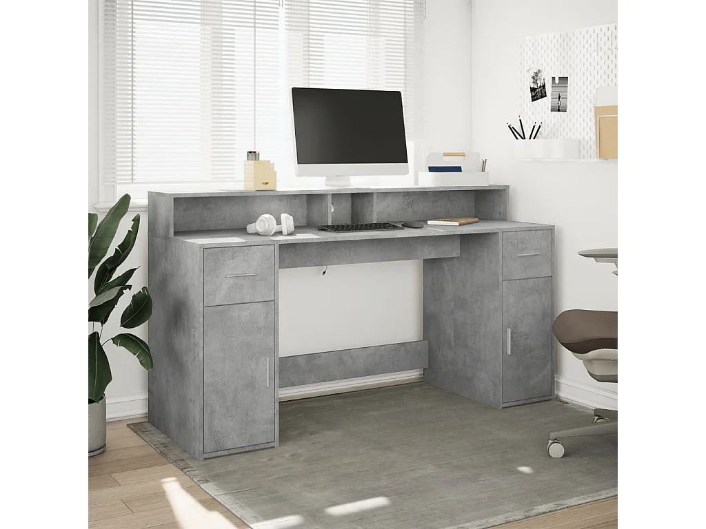 Bureau et lumières LED gris béton 160x55x91cm bois d'ingénierie
