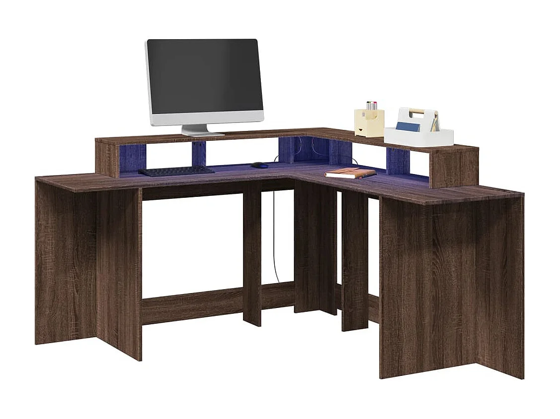 Bureau et lumières LED chêne marron bois d'ingénierie