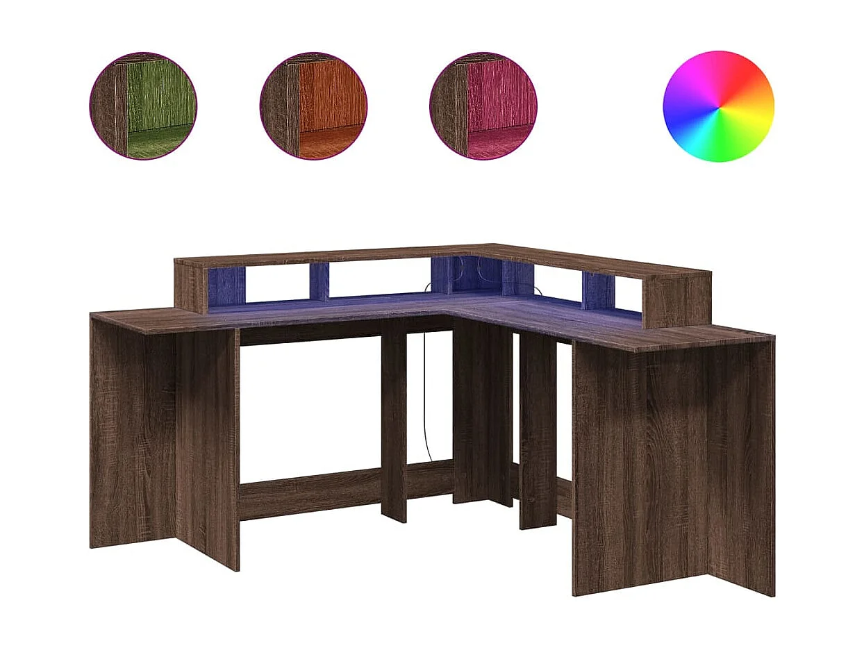 Bureau et lumières LED chêne marron bois d'ingénierie