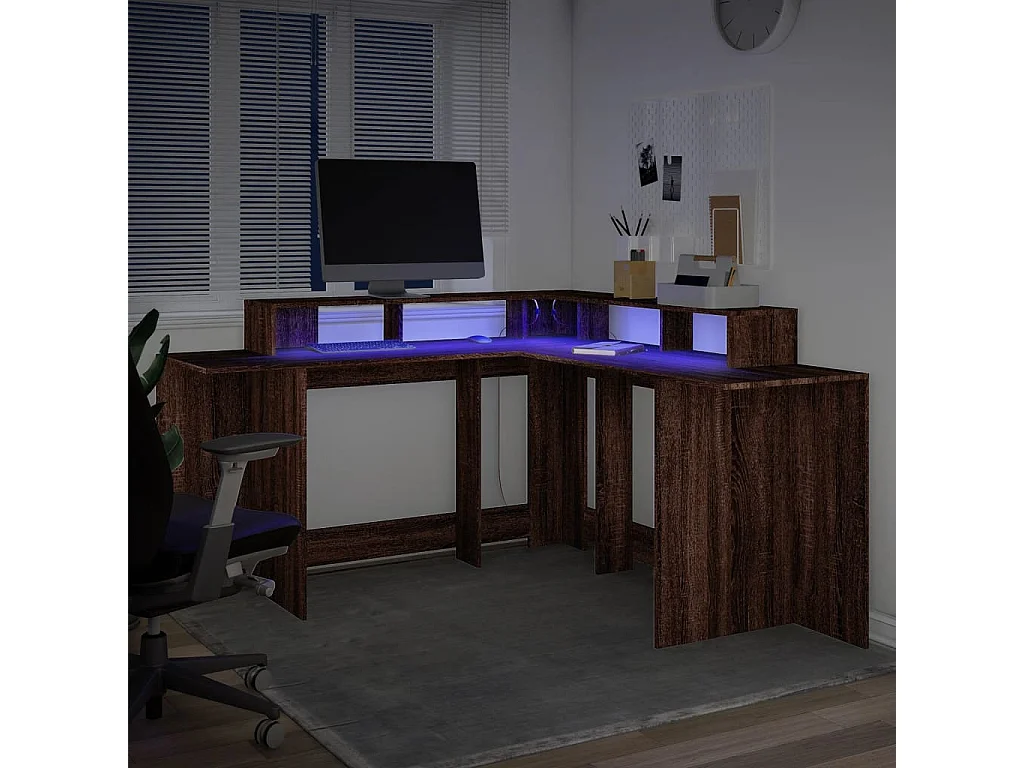 Bureau et lumières LED chêne marron bois d'ingénierie