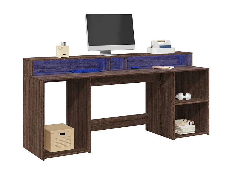 Bureau et lumières LED chêne marron bois d'ingénierie