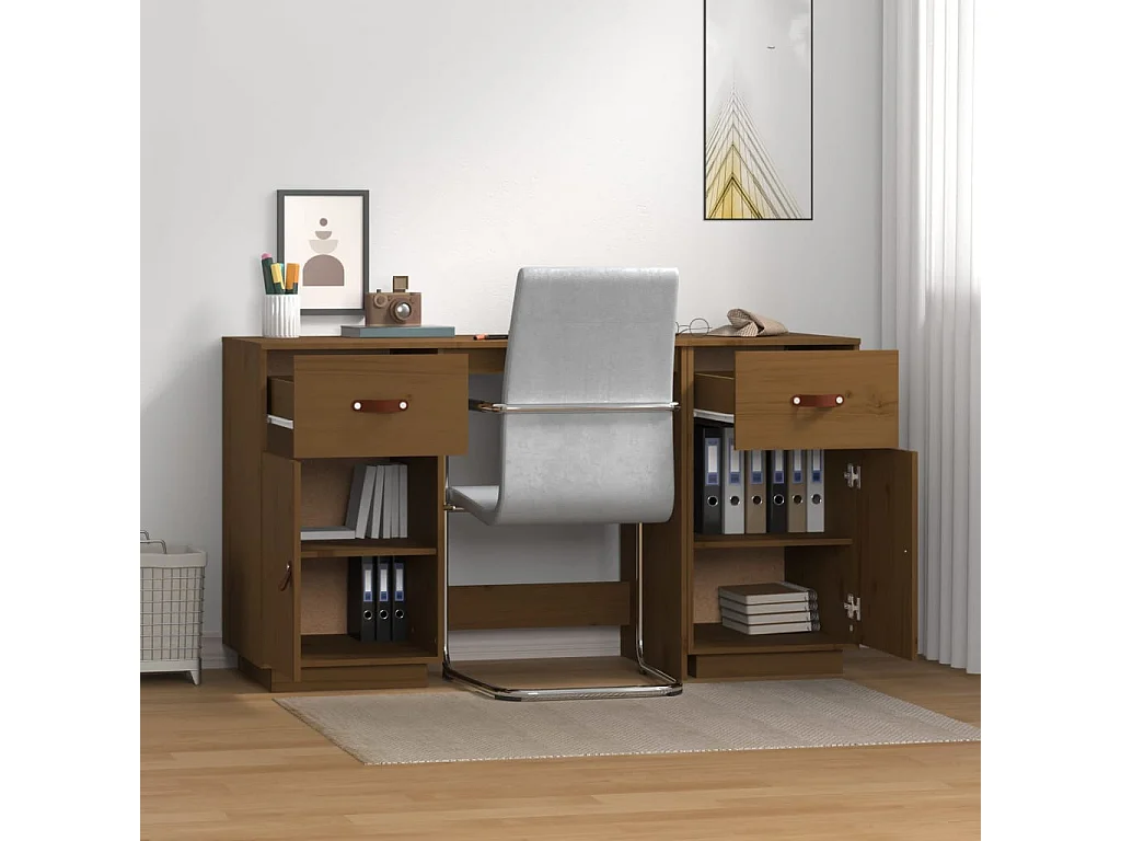 Secretária com armários 135x50x75 cm pinho maciço castanho mel