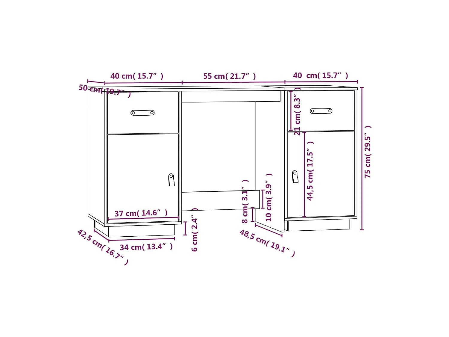 Secretária com armários 135x50x75 cm pinho maciço castanho mel