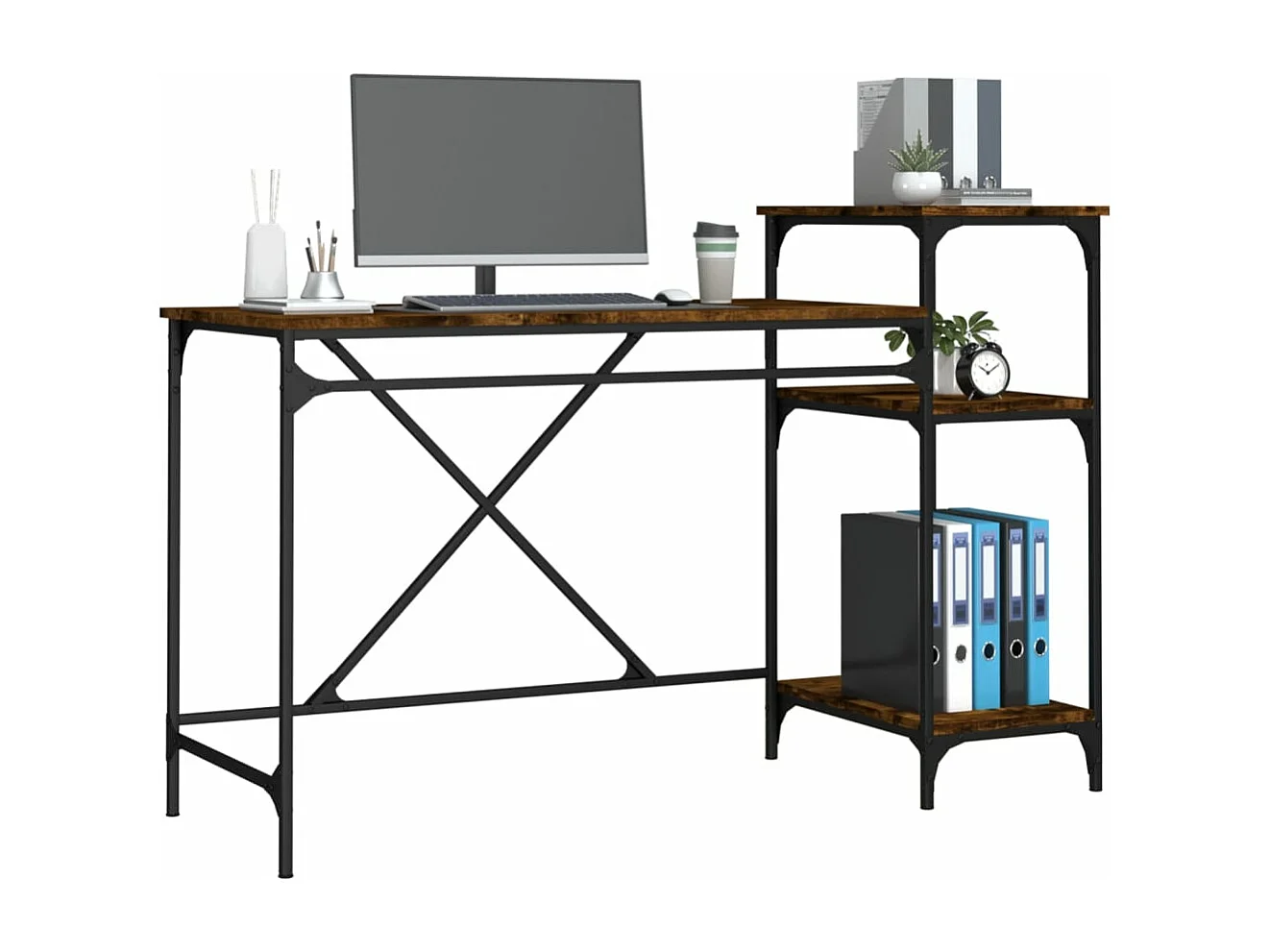 Scrivania Ripiani Rovere Fumo 135x50x90 cm Multistrato e Ferro