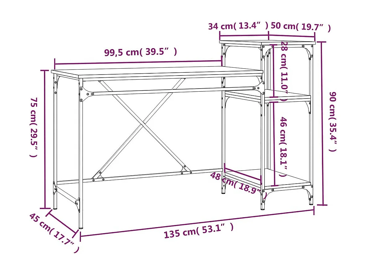 Scrivania Ripiani Rovere Fumo 135x50x90 cm Multistrato e Ferro