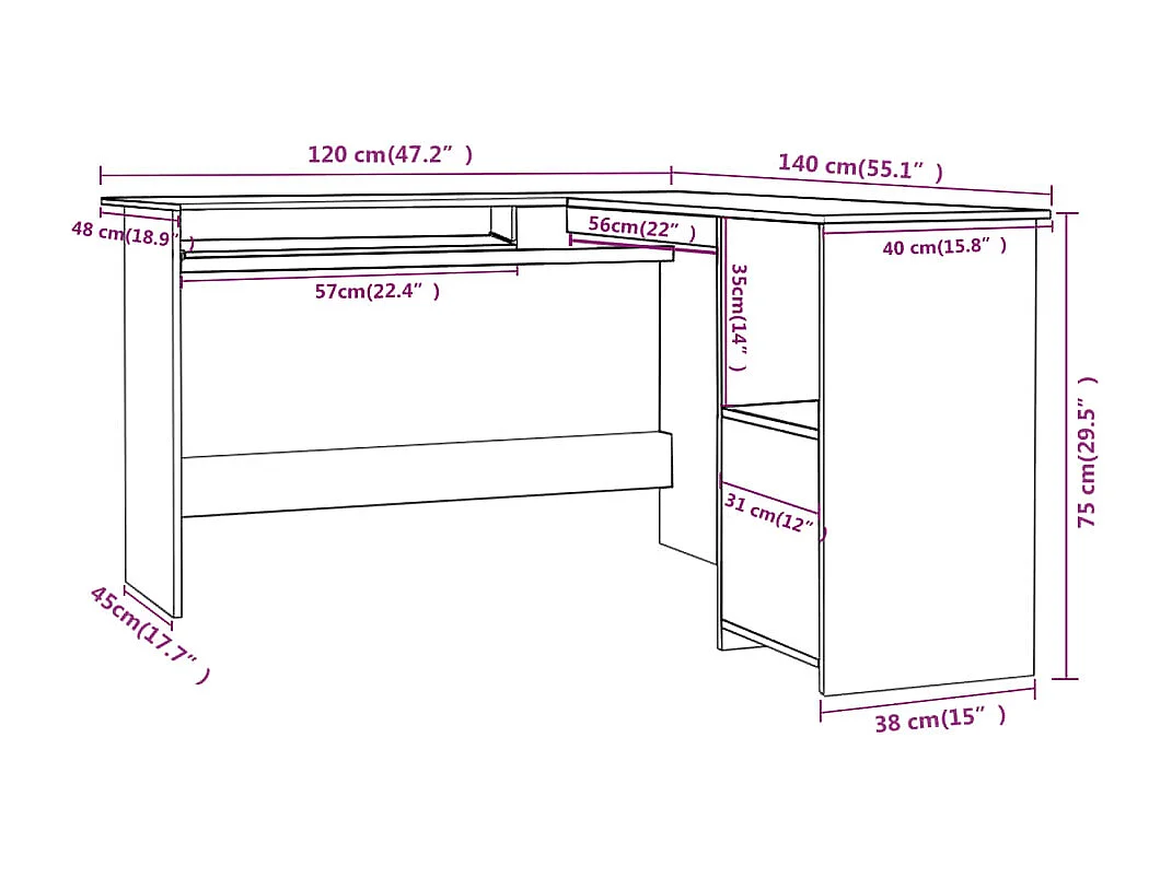 Bureau d'angle en forme de L Noir 120x140x75cm bois ingénierie