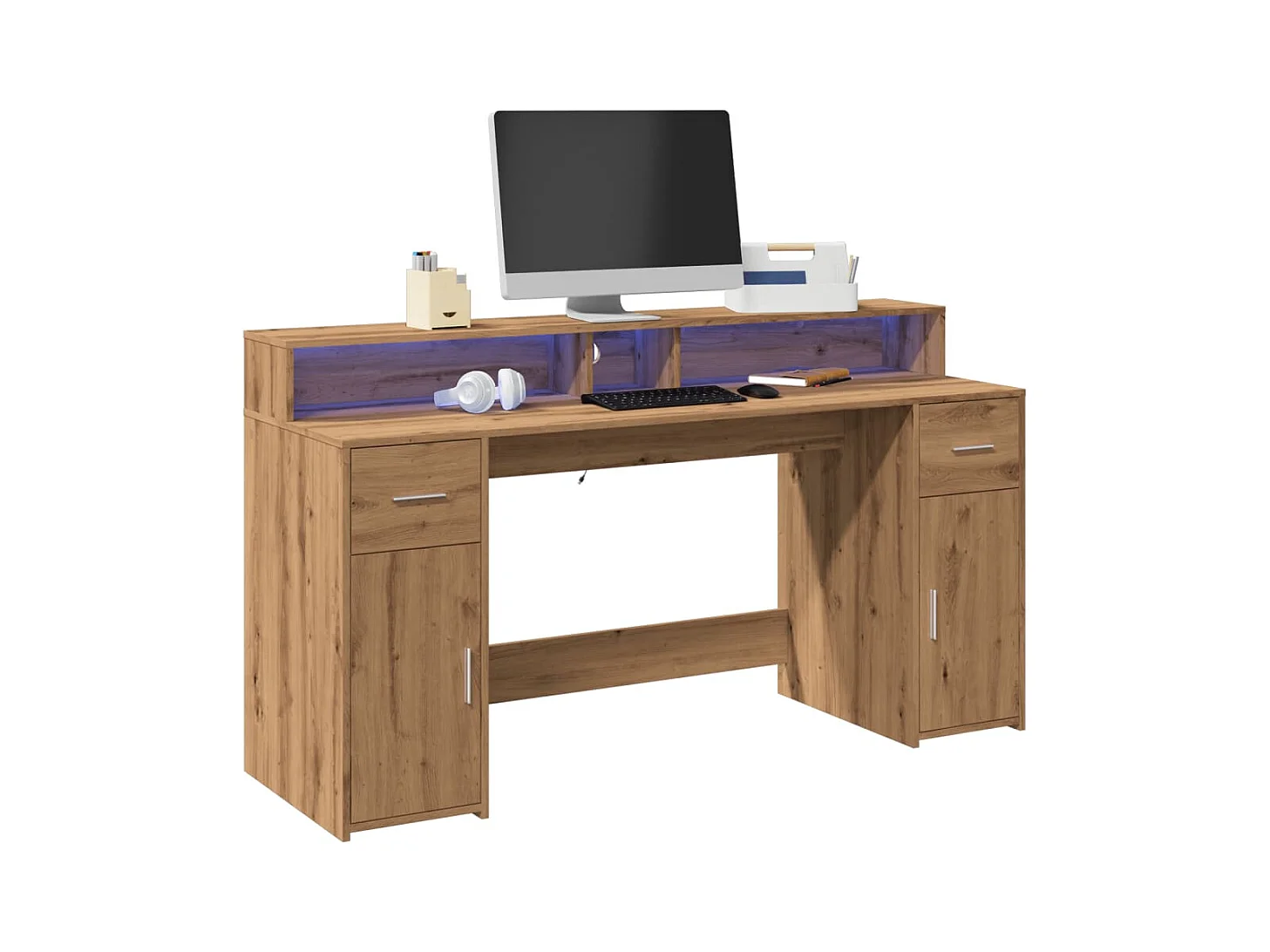 Bureau avec lumières LED chêne artisanal bois d'ingénierie