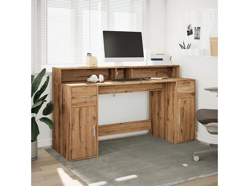 Bureau avec lumières LED chêne artisanal bois d'ingénierie