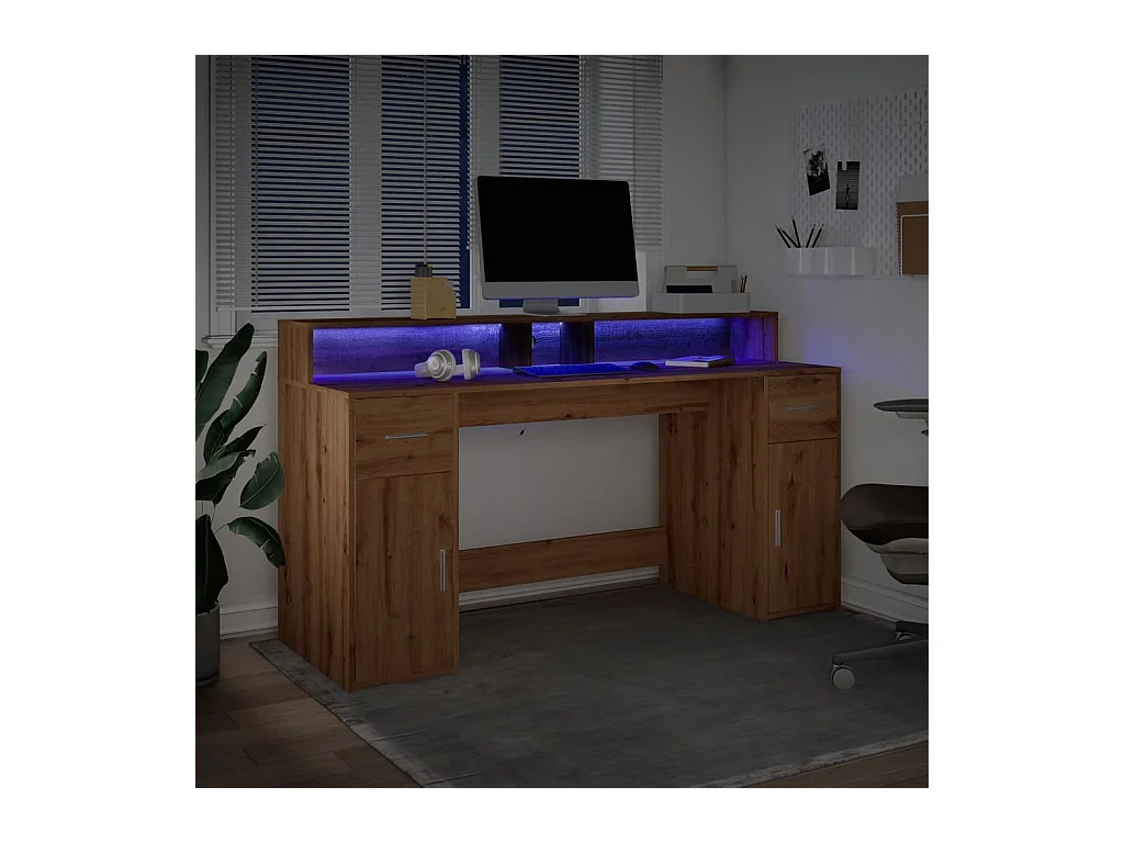 Bureau avec lumières LED chêne artisanal bois d'ingénierie