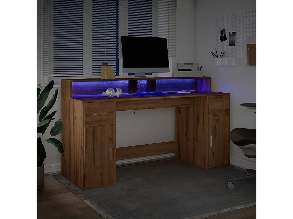 Bureau avec lumières LED chêne artisanal bois d'ingénierie