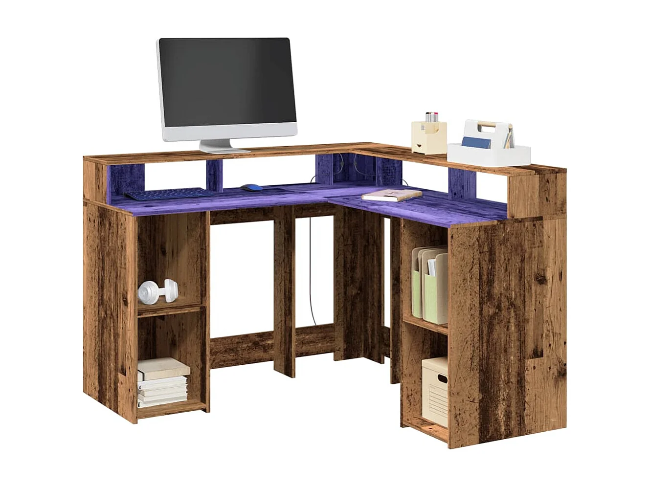 Bureau avec lumières LED vieux bois bois d'ingénierie