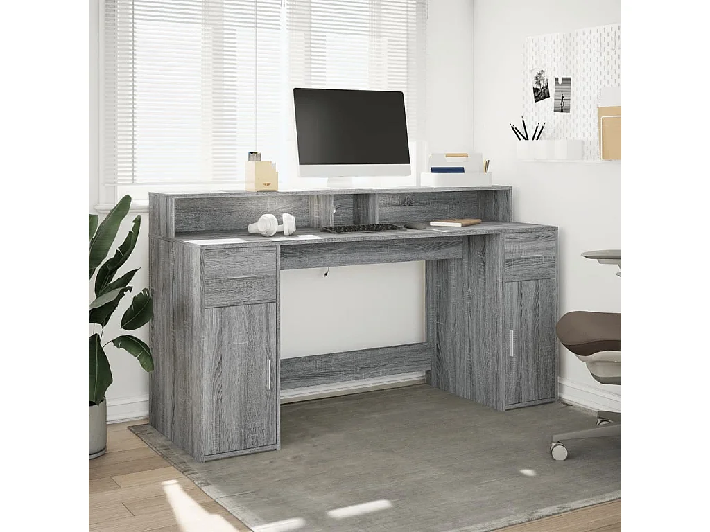 Bureau et lumières LED sonoma gris 160x55x91 cm bois ingénierie