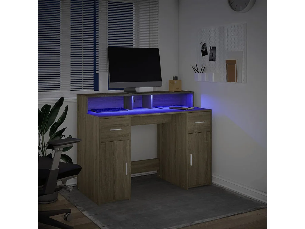Bureau avec lumières LED chêne sonoma bois d'ingénierie