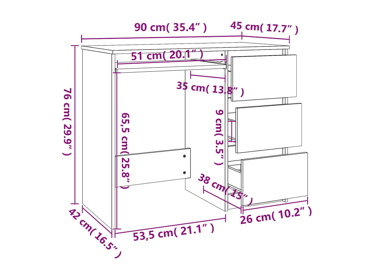 Escritorio de madera contrachapada blanco 90x45x76 cm