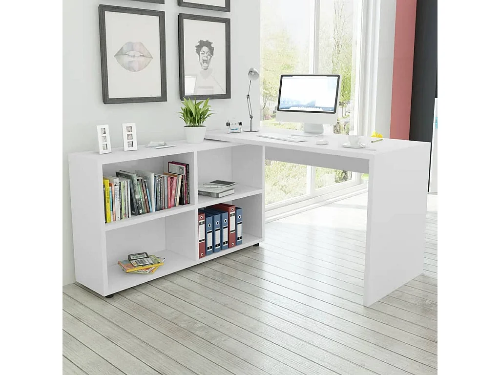 Hoekbureau 4 schappen wit