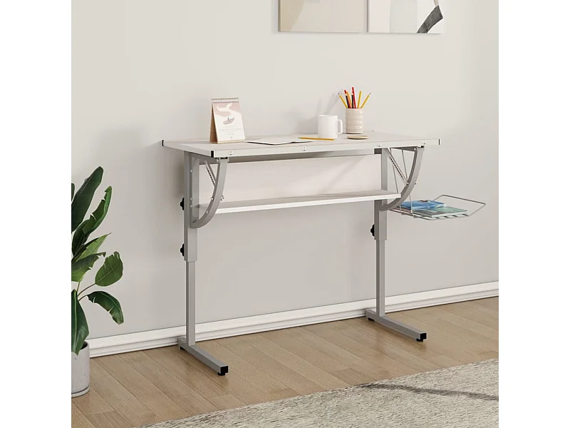 Secretária 110x53x(58-87) cm derivados madeira/aço branco/cinza