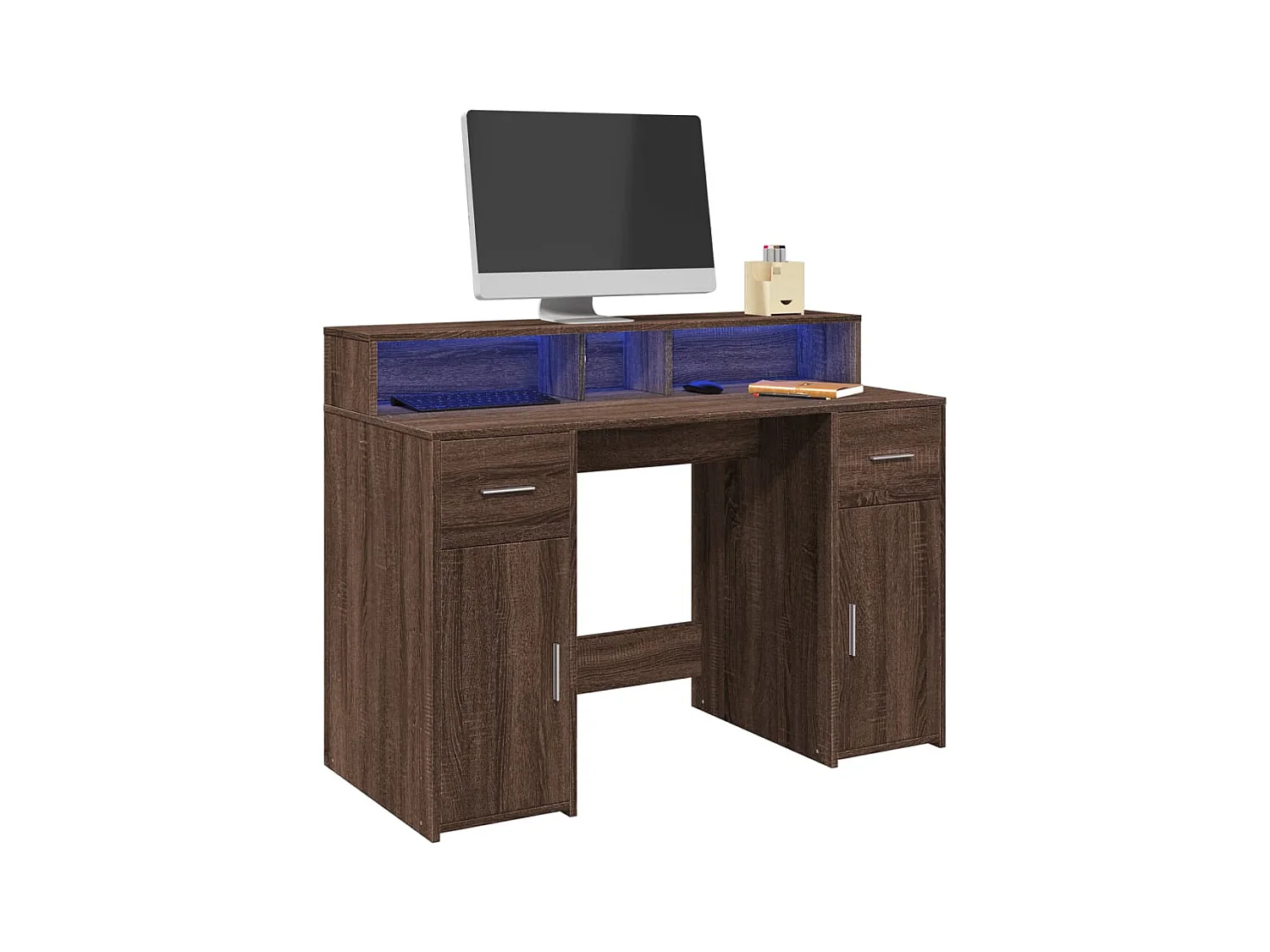Bureau et lumières LED chêne marron bois d'ingénierie