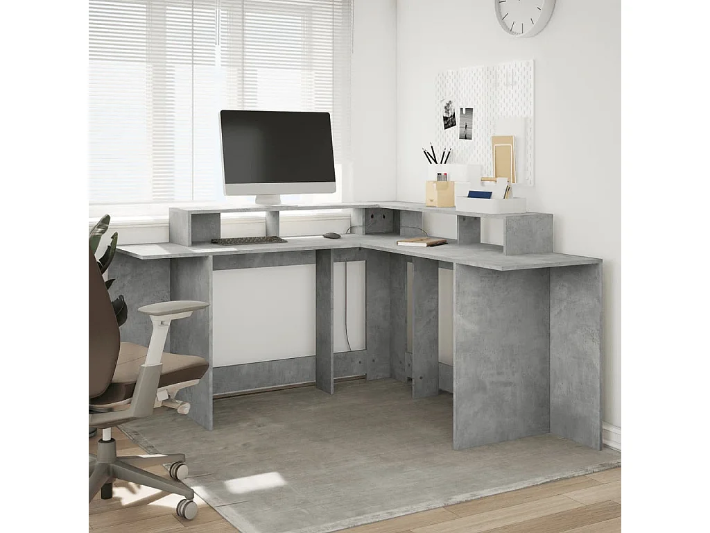 Bureau et lumières LED gris béton 152x152x91cm bois ingénierie
