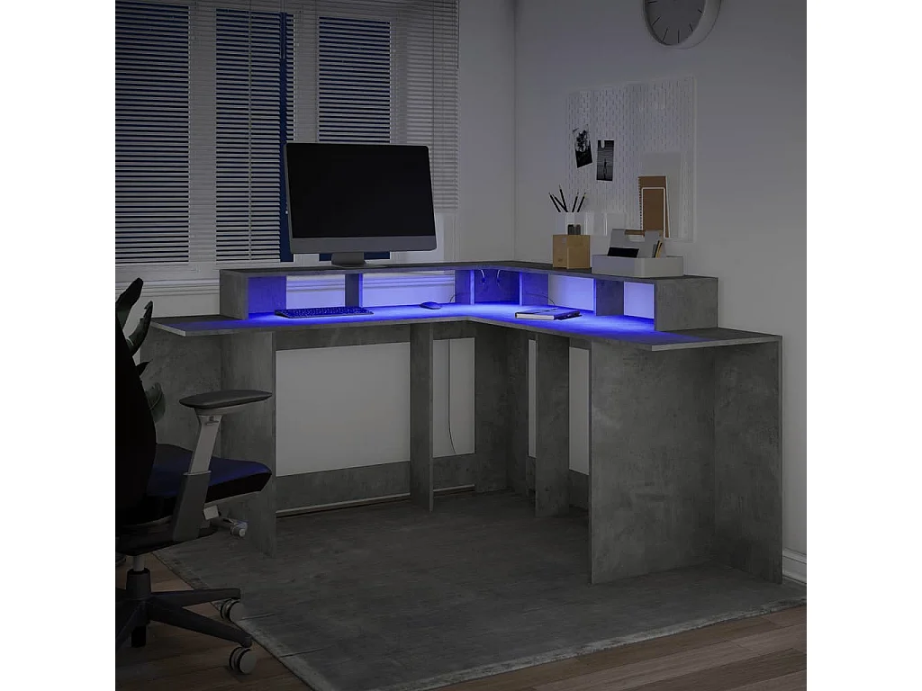 Bureau et lumières LED gris béton 152x152x91cm bois ingénierie