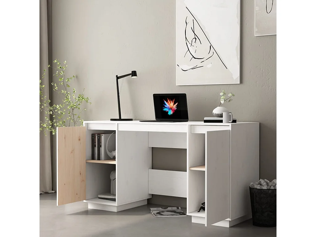 Bureau blanc 140x50x75 cm bois massif de pin