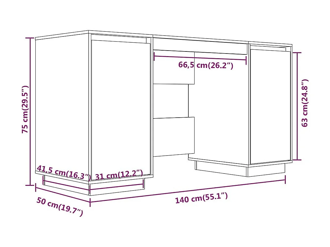 Bureau blanc 140x50x75 cm bois massif de pin