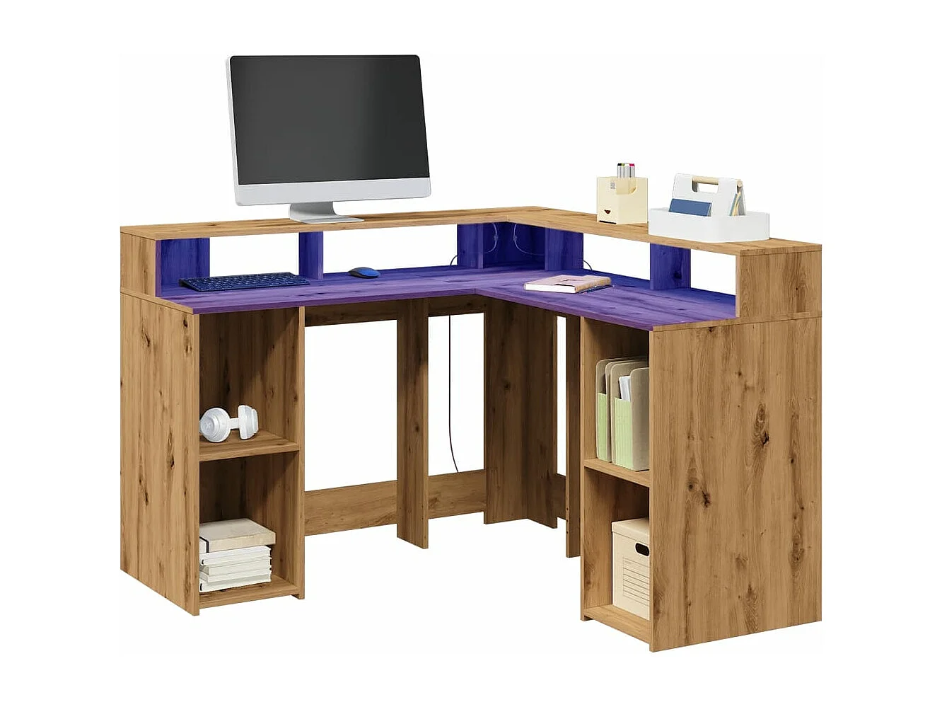 Bureau avec lumières LED chêne artisanal bois d'ingénierie
