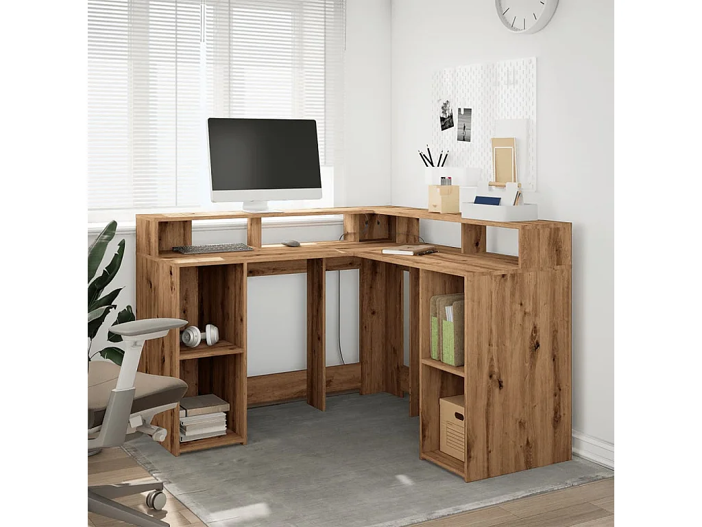 Bureau avec lumières LED chêne artisanal bois d'ingénierie