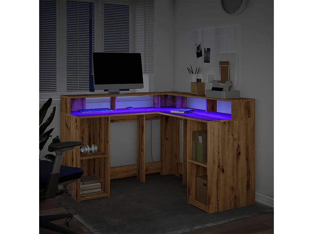 Bureau avec lumières LED chêne artisanal bois d'ingénierie