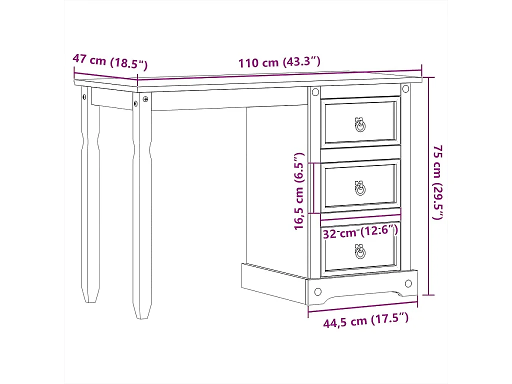 Coiffeuse Corona 110x50x75 cm bois de pin massif
