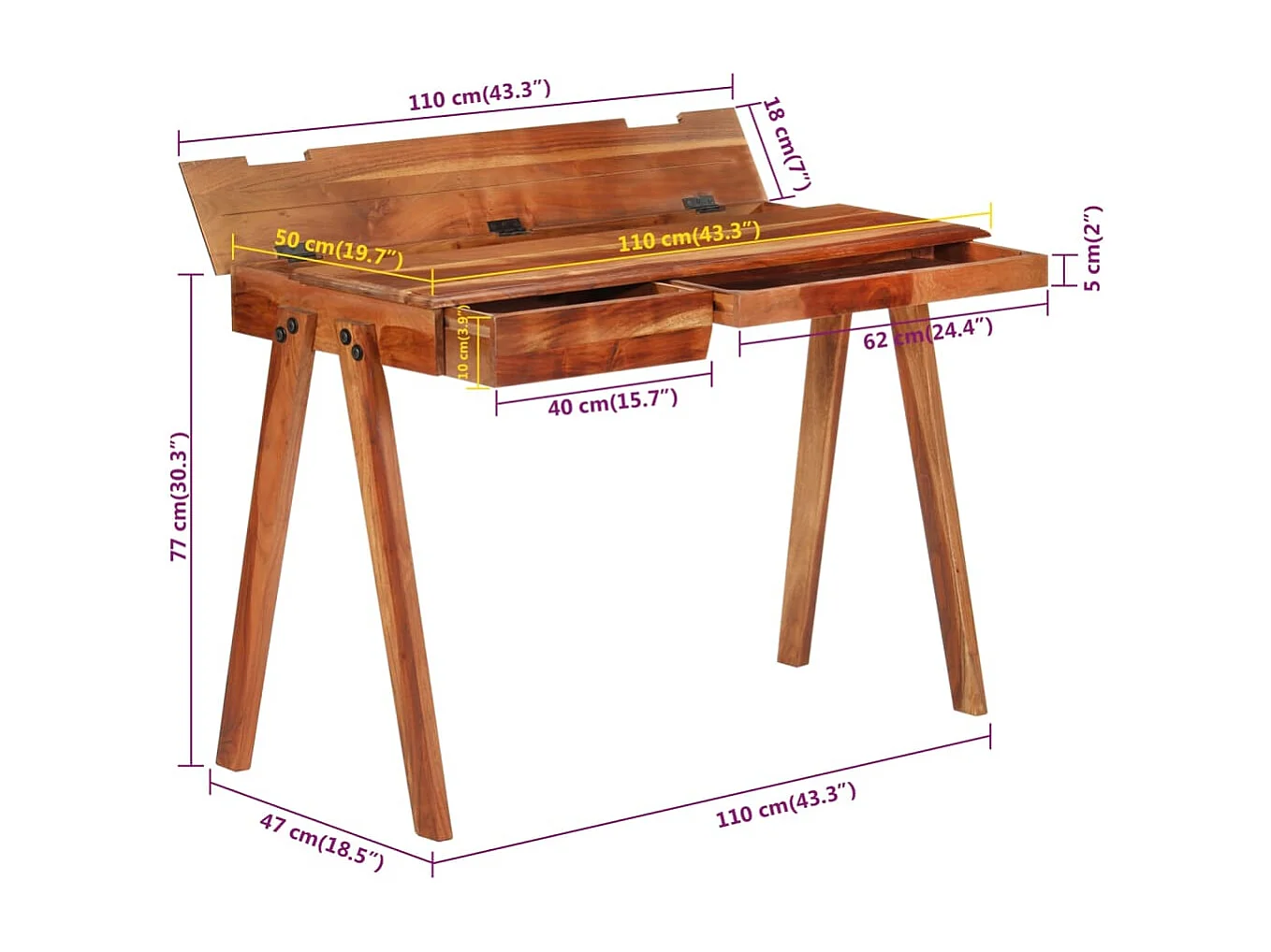 Bureau avec tiroir 110x50x77 cm bois d'acacia massif