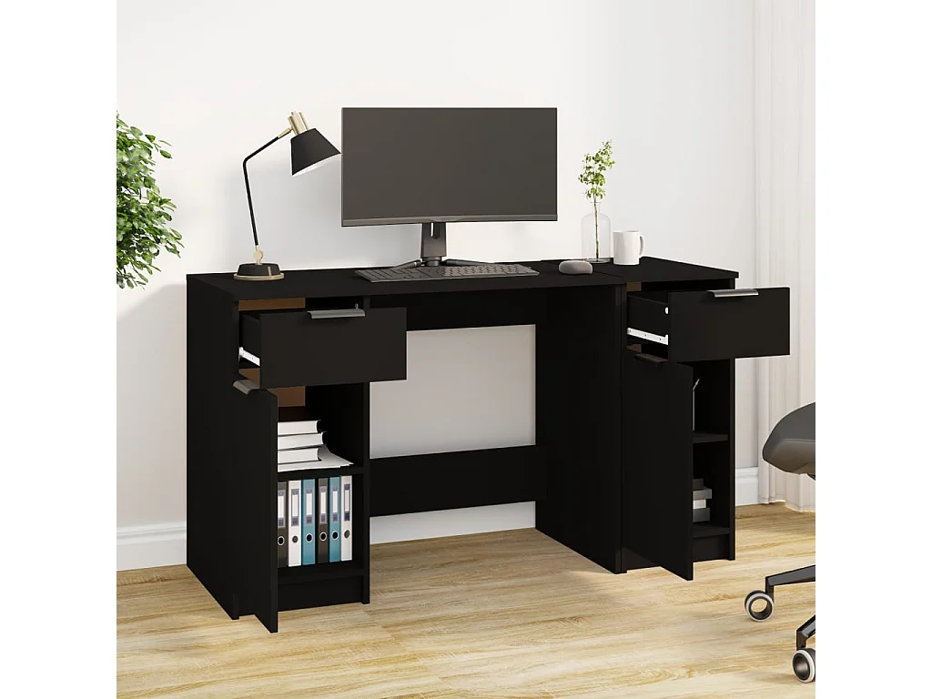 Bureau avec armoire latérale Noir Bois d'ingénierie