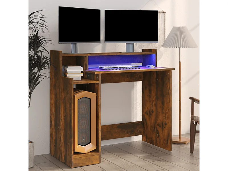 Bureau et lumières LED Chêne fumé 97x45x90 cm Bois d'ingénierie