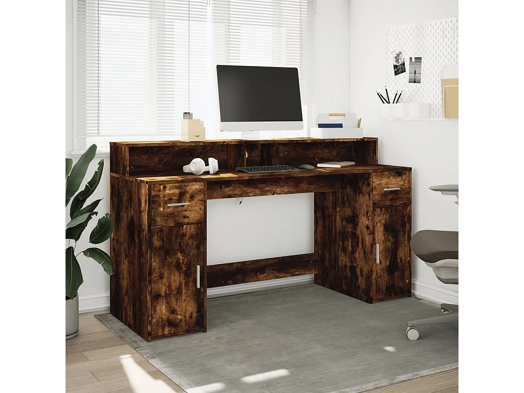 LED-Schreibtisch Räuchereiche 160x55x91 cm Holzwerkstoff