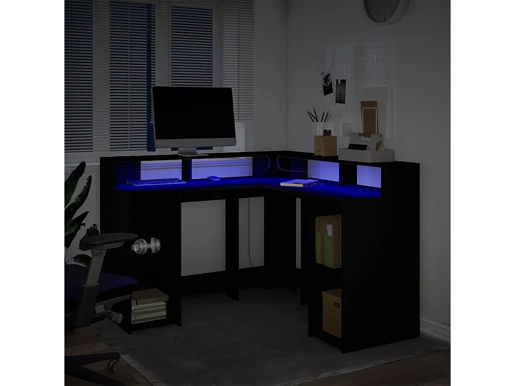 Secretária c/ luzes LED 130x130x91 cm derivados madeira preto