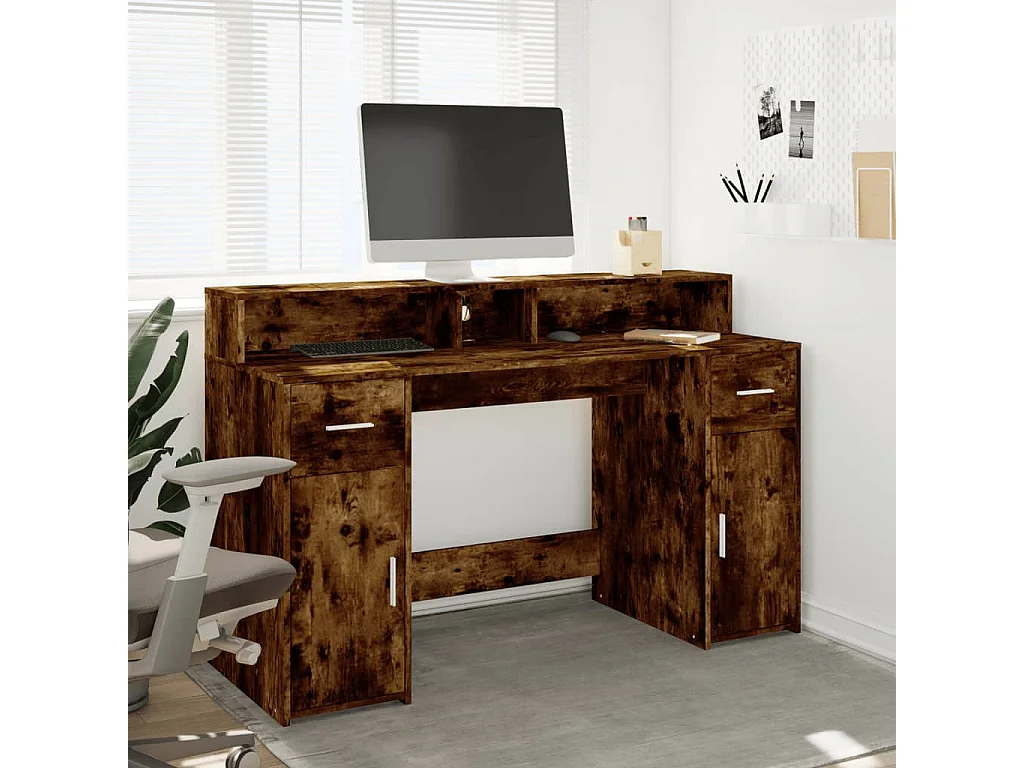 Bureau et lumières LED chêne fumé 140x55x91cm bois d'ingénierie