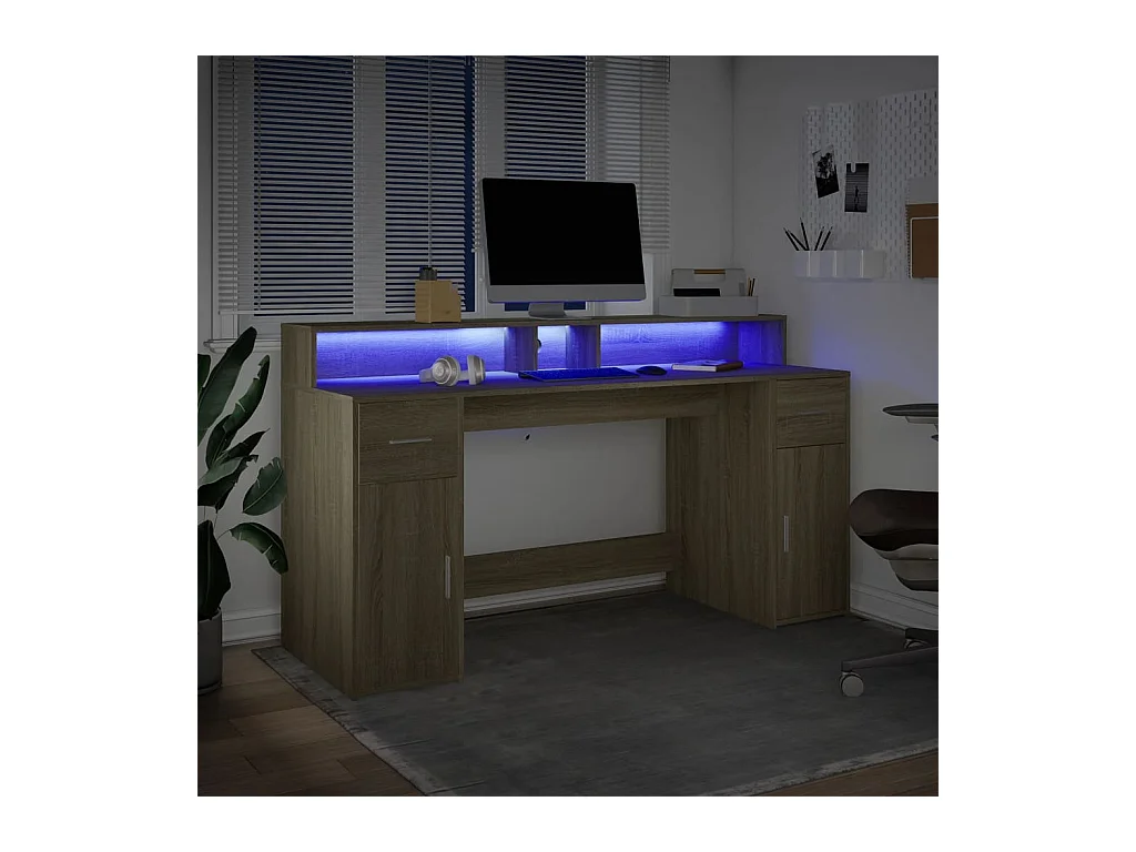 Bureau avec lumières LED chêne sonoma bois d'ingénierie
