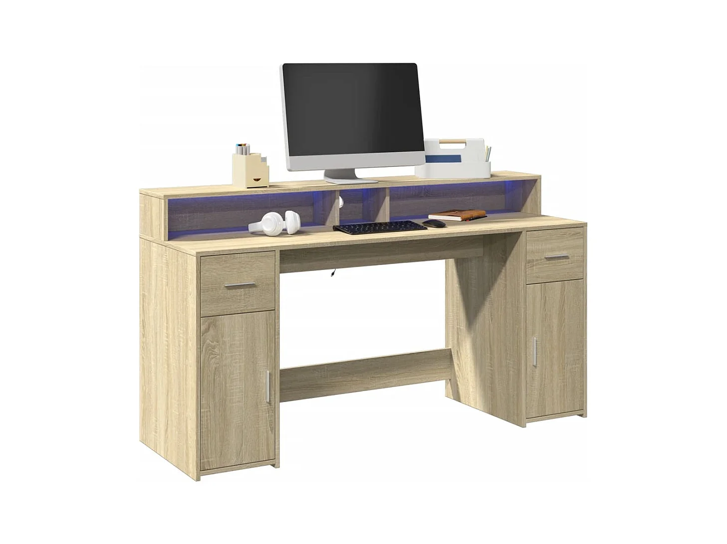 Bureau avec lumières LED chêne sonoma bois d'ingénierie