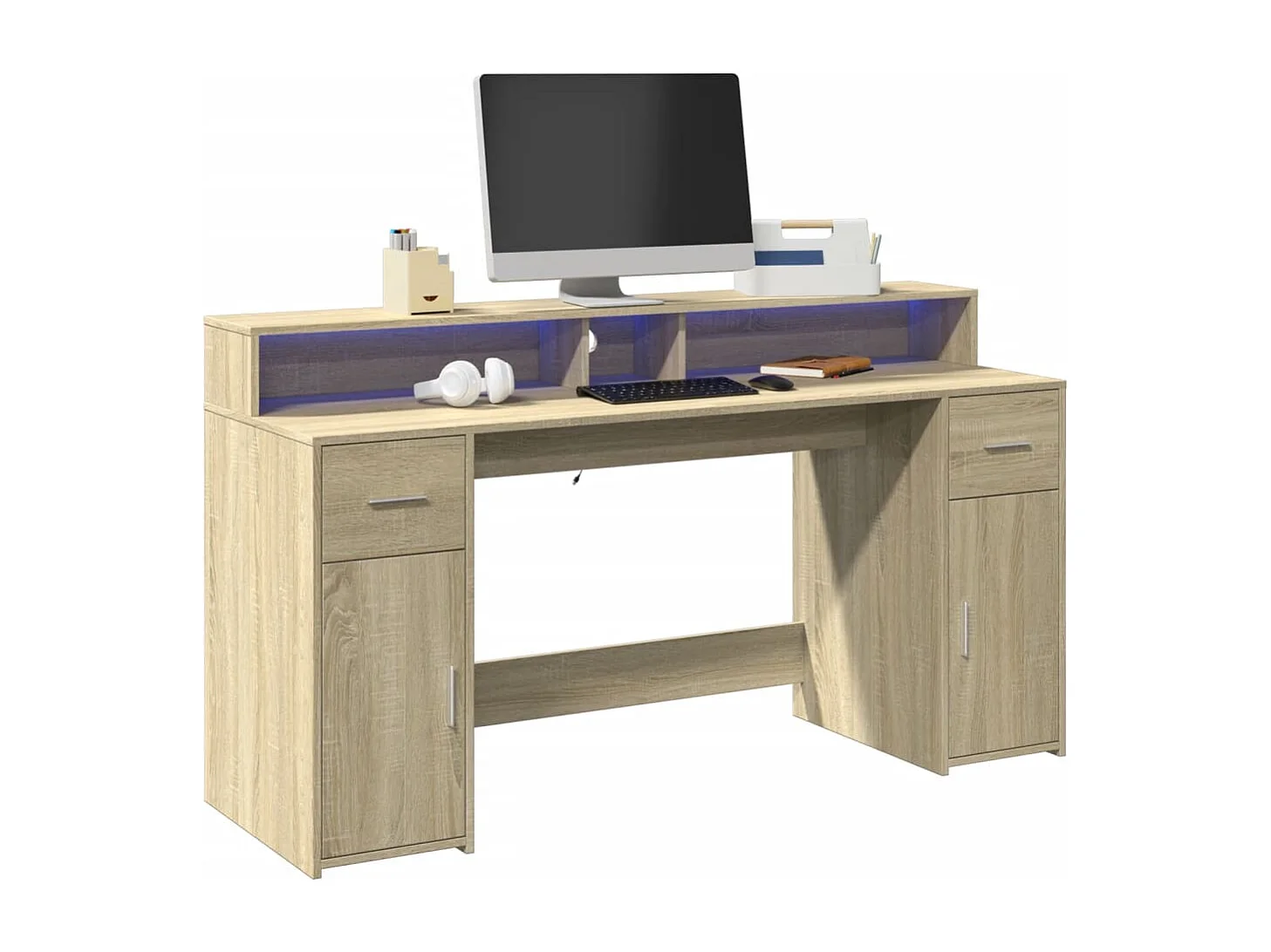 Bureau avec lumières LED chêne sonoma bois d'ingénierie