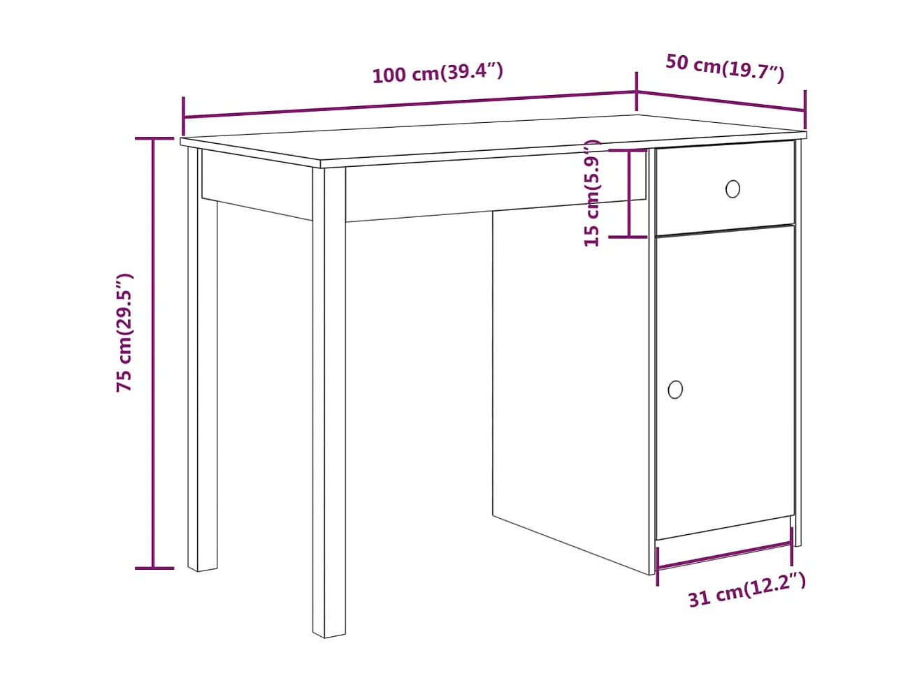 Bureau Noir 100x50x75 cm Bois massif de pin