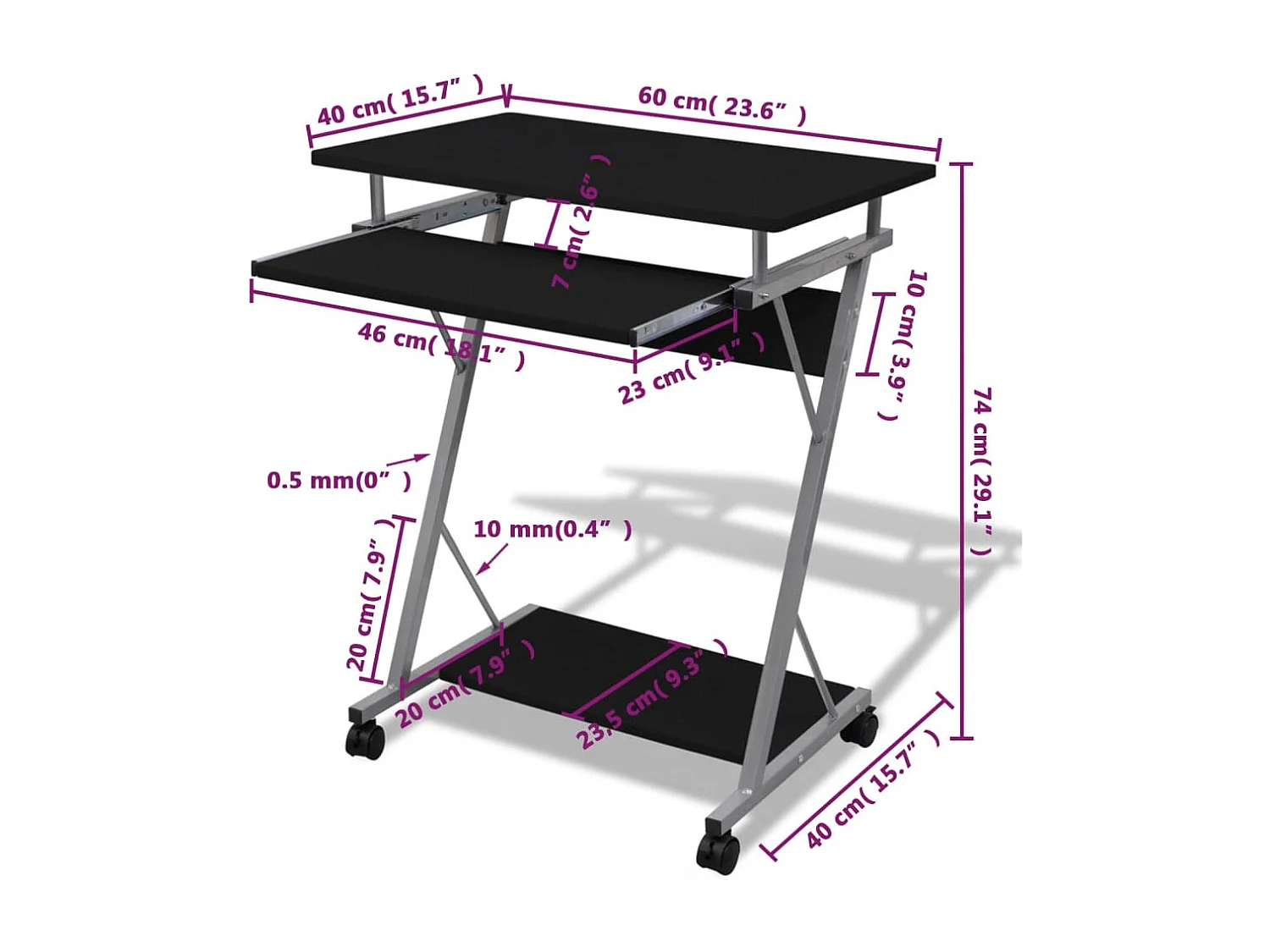 Bureau d'ordinateur compact avec plateau à clavier Noir