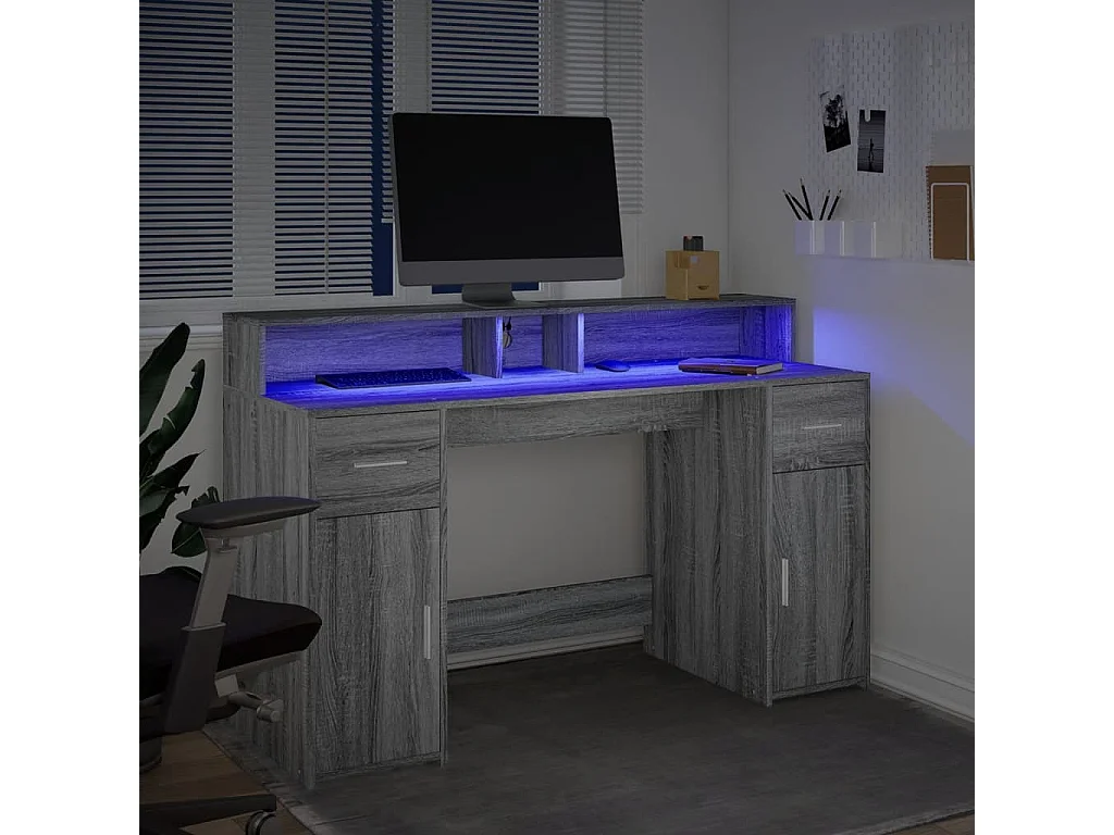 Escritorio con LED madera ingeniería gris sonoma 140x55x91 cm
