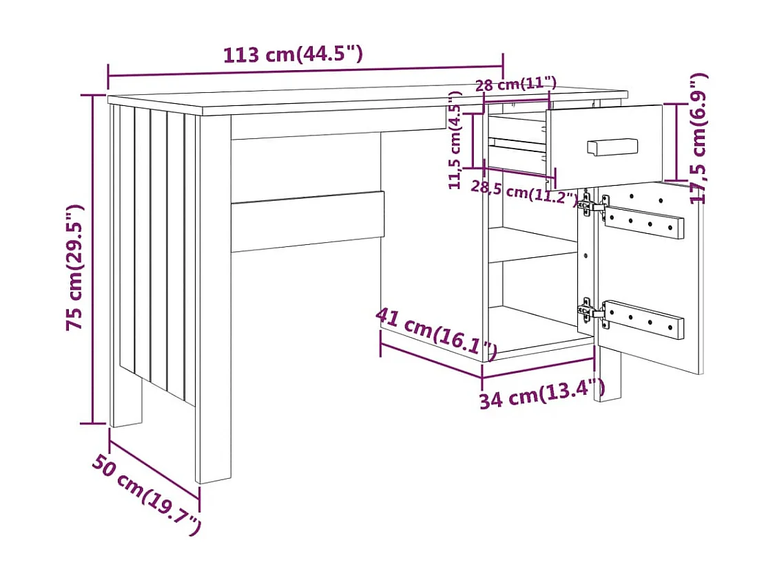 Bureau HAMAR Gris clair 113x50x75 cm Bois massif de pin