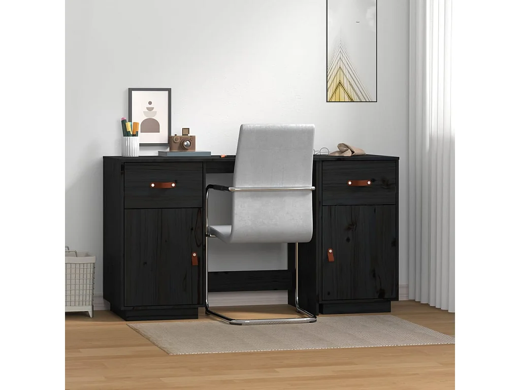 Bureau avec armoires Noir 135x50x75 cm Bois massif de pin