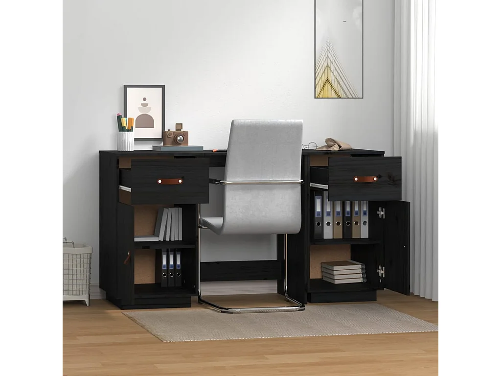 Bureau avec armoires Noir 135x50x75 cm Bois massif de pin
