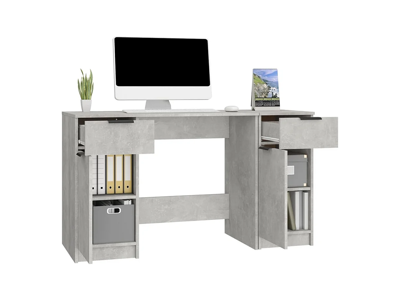 Bureau avec armoire latérale Gris béton Bois d'ingénierie